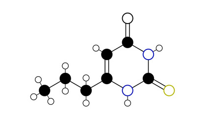 propylthiouracil molecule, structural chemical formula, ball-and-stick model, isolated image antithyroid agents