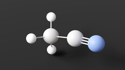 acetonitrile molecule, molecular structure, organic nitrile, ball and stick 3d model, structural chemical formula with colored atoms