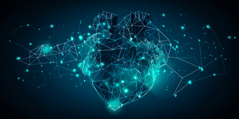 Naklejka na ściany i meble Stylized illustration showcasing the potential of medical networking through a heart made from interconnected nodes on a simple monochrome background.