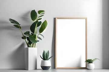 Mockup of an empty vertical frame in a contemporary, minimalist setting with a plant in a chic vase against a white wall. Template for a piece of photography, art, or poster