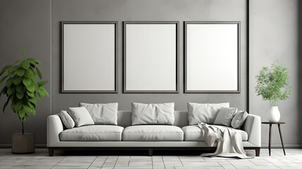 Gray living room interior with farmhouse style mock up frame, .