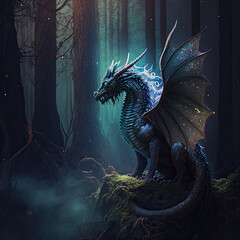 A magic dragon in a dark misty forest with dramatic phantasmal iridescent lighting, ai generated