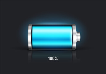 Blue battery, full charge with lighting. Full battery. Vector illustration.
