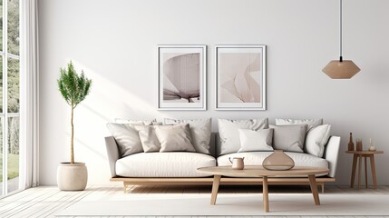 Cozy living room with Scandinavian style and modern interior design, featuring mock up furniture against a white wall background. 3D render and illustration.