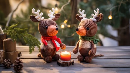 Christmas toy knitted deer. Handmade knitted toy created with Generative AI technology. - obrazy, fototapety, plakaty