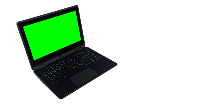 Isolated laptop computer with a green screen agaisnt white or transparent background, English Arabic QWERTY Keyboard with large copy space