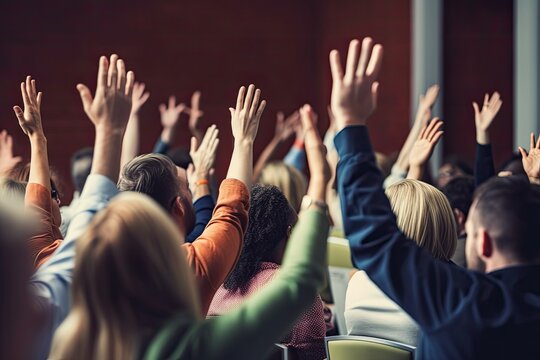 Anonymous people raising hands at seminar. Photo generative AI