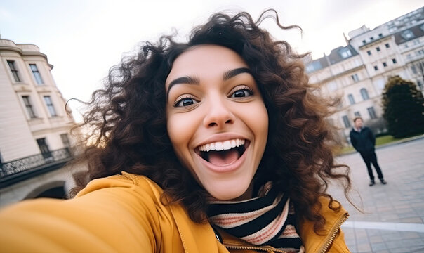 happy joyful latin girl taking selfie outside