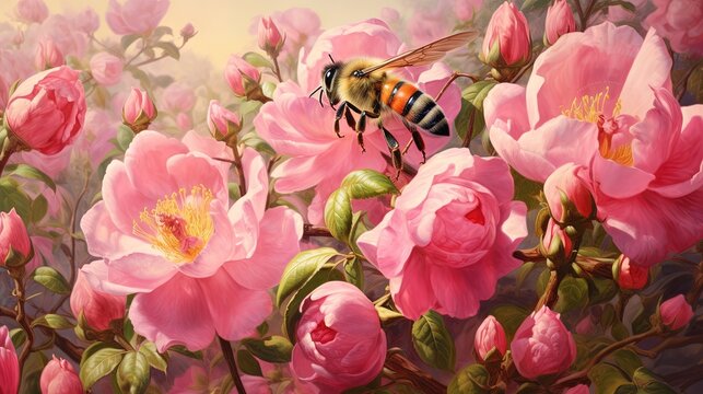  a painting of a bee on a pink flower with pink flowers.  generative ai