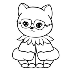 Little cute cat wearing glasses, outline drawing cat cartoon character 