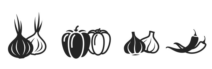 garlic, hot chili pepper, bell pepper and onion icons. vegetable, spices, and seasonings symbols