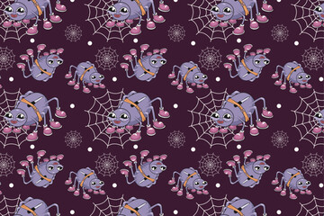Funny groovy style pattern. Halloween holiday, event. Seamless pattern with spiders, spider web, purple background. groovy style, cartoon style