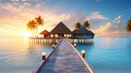  a pier leading to a beach hut with palm trees in the background.  generative ai