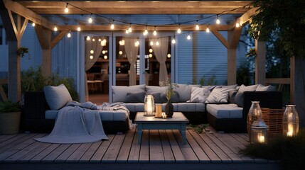 Obraz premium Generative AI, Cozy balcony in the evenind with lantern, garland and candles. Soft sofas and chairs for relax. bohemian ideas