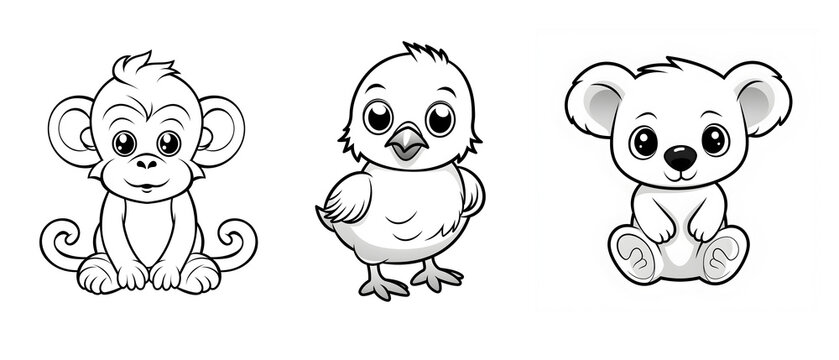 Cute animal drawing for kids : cub, monkey, chick