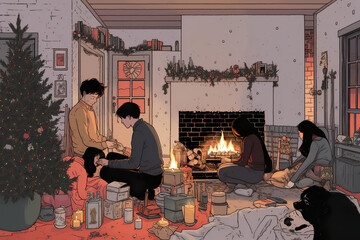 Christmas Eve a big family with a fireplace and a warm and intimate atmosphere, anime style with Generative AI