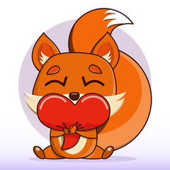 Vector illustration of a cute cartoon little fox cub hugging with a heart. Nice, funny, joyful fox for kindergarten, babies, books, cartoons. Objects of education and development of children.