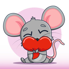 Vector illustration of a cute cartoon little mouse hugging with a heart. Cute, funny, joyful mouse for kindergarten, kids, books, cartoons. Objects of education and development of children. 