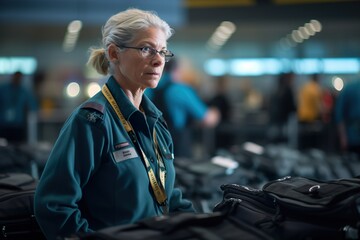 Old woman worker is packing luggage in airport sorting center