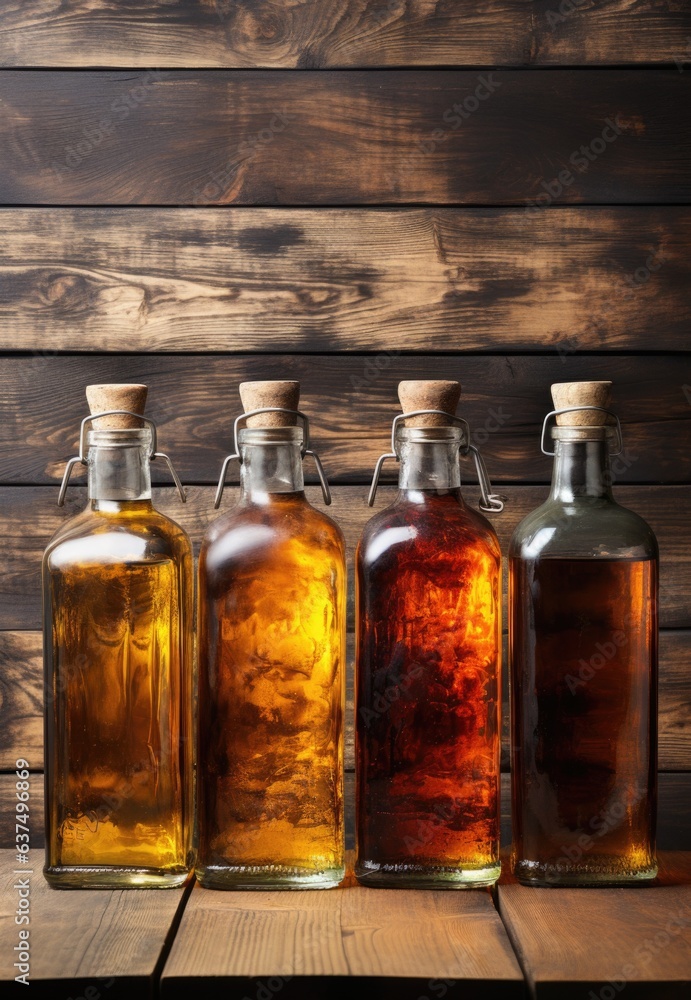 Poster a group of bottles of different types of alcohol. generative ai image.