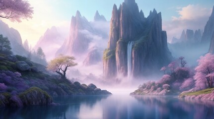 Great fantasy mountains with waterfalls background panorama