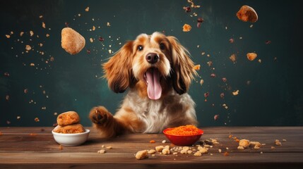 Happy dog with delicious pet food.  - obrazy, fototapety, plakaty
