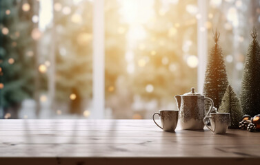 Empty wooden table with crockery and decorative Christmas trees on the background blurred winter holiday background.The background can be used for mounting or displaying your products.Generative AI