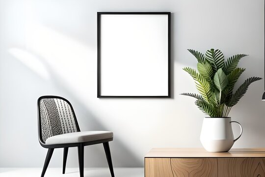 Mockup of a blank frame in a contemporary home with a fashionable vase and a chair against a background of a blank white wall. fake artwork