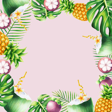 Watercolor tropical frame with coconut cocktail, mangosteen, pineapples and monstera and palm leaves. Ripe fruits illustrations isolated on white background. For designers, spa decoration, postcards