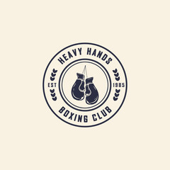 Boxing club badge, logo design. Vector illustration. For Boxing sport club emblem, sign, patch, shirt, template. Vintage monochrome label, sticker with Boxer, gloves. - obrazy, fototapety, plakaty