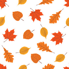 Obraz premium Seamless pattern with autumn leaves in orange, beige, brown and yellow. Perfect for wallpaper, gift paper, template fill, web page background, autumn greeting cards.