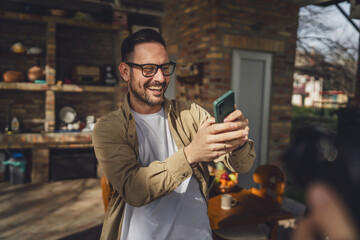 One man happy caucasian male use smartphone selfie photo or video call
