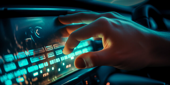 Captivating photo showing a music enthusiast's hands smoothly tuning a holographic car radio, with radiant controls illustrating the magic of music on an elegant dashboard.