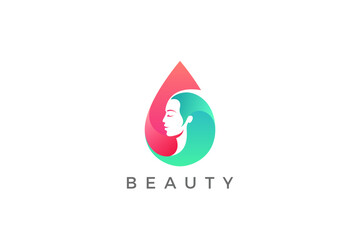 Woman Logo Face in Droplet Beauty Spa salon Logo Vector Design Negative space style.