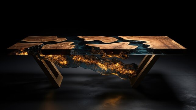 Luxurious vintage furniture, table epoxy resin, varnished, high end wood processing, wooden table on dark background, rectangular tree slab with gold epoxy river.