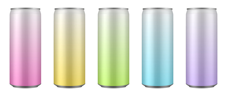Set of  pink, yellow, green, blue and purple tin cans of energy drink, juice or soda. Cocktail or fitness drink. Cold beverages. Gradient colors