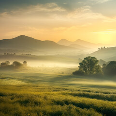 Field with grass and a mountain in the mist, in the style of soft lines and shapes, atmospheric ambiance, grassland with trees in the morning with the sun rising. 