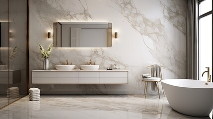 Luxurious bathroom mockup with elegant marble tile wall background .