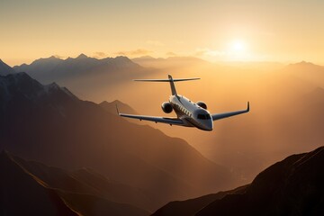 A luxury private jet airplane overflying sunset skies