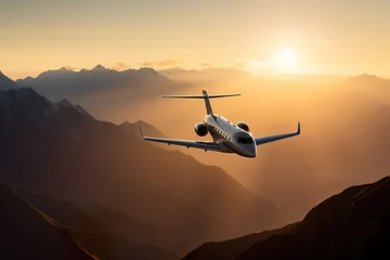 Zelfklevend Fotobehang A luxury private jet airplane overflying sunset skies © Oleksandr Kozak