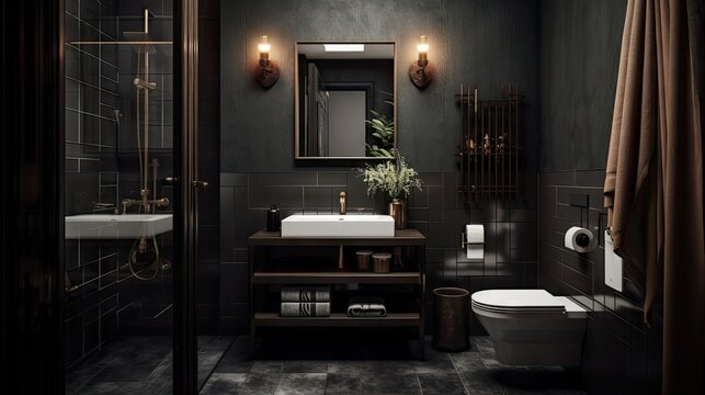 Contemporary dark themed small bathroom decor.