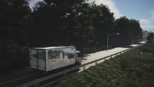 Transportation logistics vehicle carrying the dairy food goods. Transportation vehicle bringing the natural milk goods. Animation of truck vehicle transporting the goods driving on the roadway.