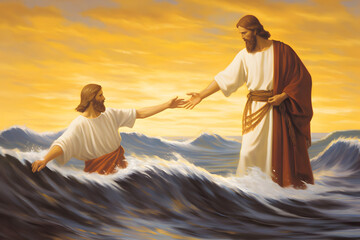 Jesus rescuing drowned Peter at sea during storm.