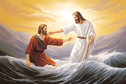 Jesus rescuing drowned Peter at sea during storm.