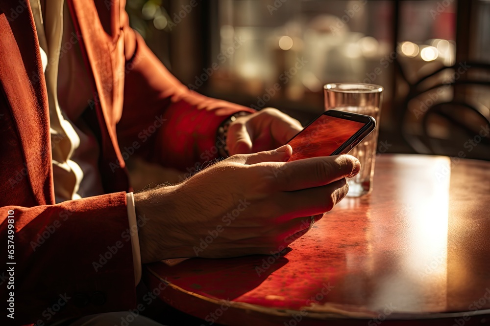 Poster a hand using a smartphone at a table in a cafe generative ai