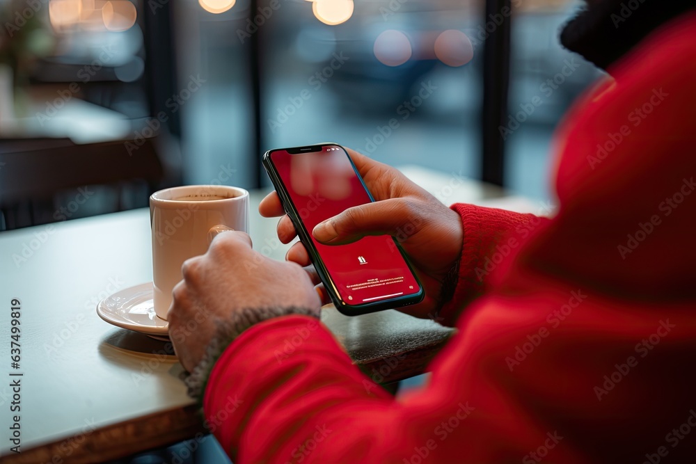 Poster a hand using a smartphone at a table in a cafe generative ai