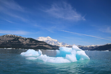 Iceberg in Icy Bay in the background of Mount Saint Elias, Alaska, United States  