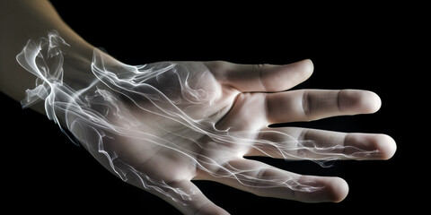 Touching visual of bare arm, minutely detailed with goosebumps under the spell of a digital glow - a poetic exploration into deep human emotions and physical reactions.
