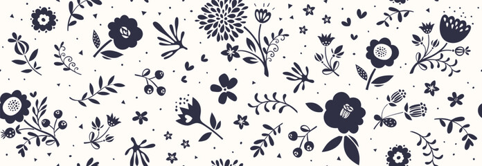 Black and white floral seamless pattern. For fashion fabrics, children’s clothing, T-shirts, postcards. Also good for email header, post in social networks, advertising, events and page cover.