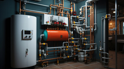 Boiler System in Basement, Efficient Heating System Below Ground - obrazy, fototapety, plakaty